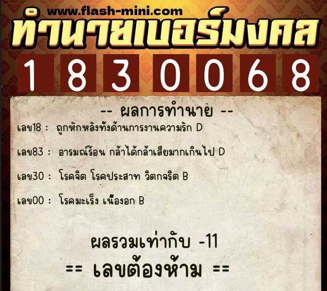 ทำนายเบอร์มงคล 0XX-1830068  ทำนายเบอร์มงคล หมายเลข 066-183006 