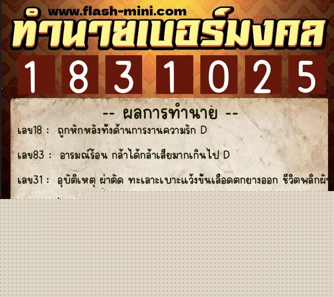 ทำนายเบอร์มงคล 0XX-1831025  ทำนายเบอร์มงคล หมายเลข 064-183102 