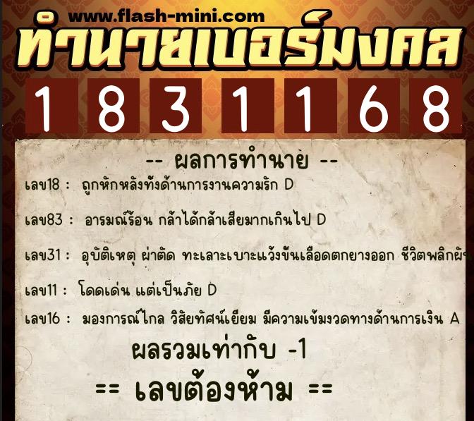 ทำนายเบอร์มงคล 0XX-1831168  ทำนายเบอร์มงคล หมายเลข 094-183116 