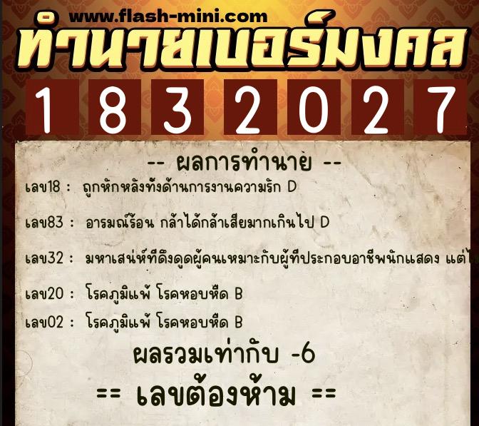 ทำนายเบอร์มงคล 0XX-1832027  ทำนายเบอร์มงคล หมายเลข 066-183202 