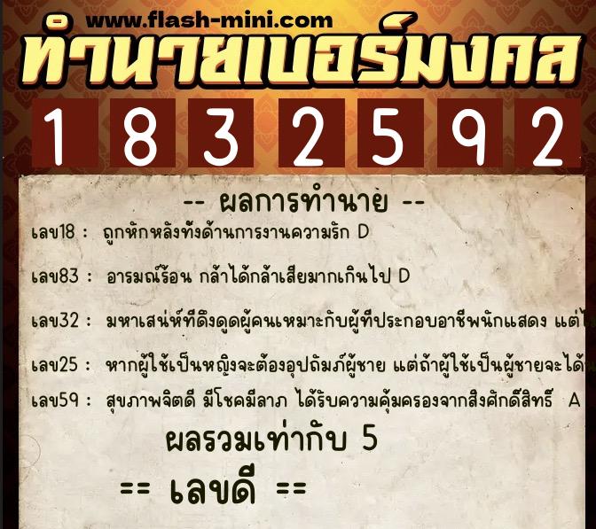 ทำนายเบอร์มงคล 0XX-1832592  ทำนายเบอร์มงคล หมายเลข 080-183259 