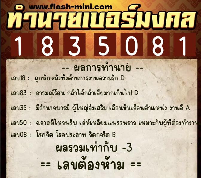 ทำนายเบอร์มงคล 0XX-1835081  ทำนายเบอร์มงคล หมายเลข 081-183508 