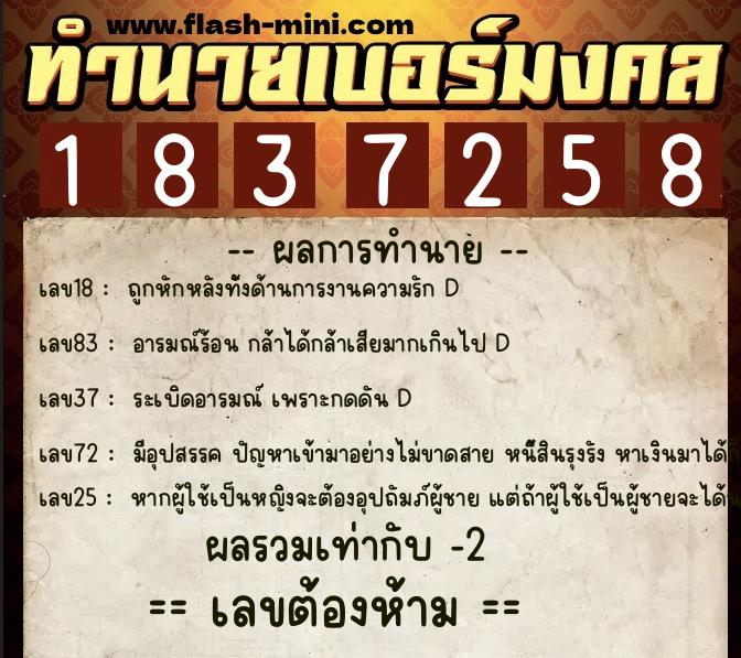 ทำนายเบอร์มงคล 0XX-1837258  ทำนายเบอร์มงคล หมายเลข 096-183725 