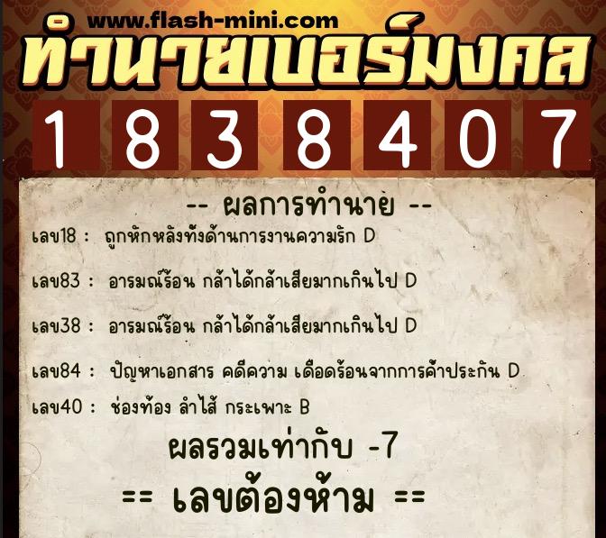 ทำนายเบอร์มงคล 0XX-1838407  ทำนายเบอร์มงคล หมายเลข 080-183840 