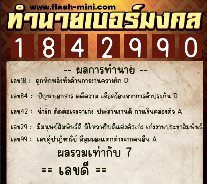 ทำนายเบอร์มงคล 0XX-1842990  ทำนายเบอร์มงคล หมายเลข 080-184299 