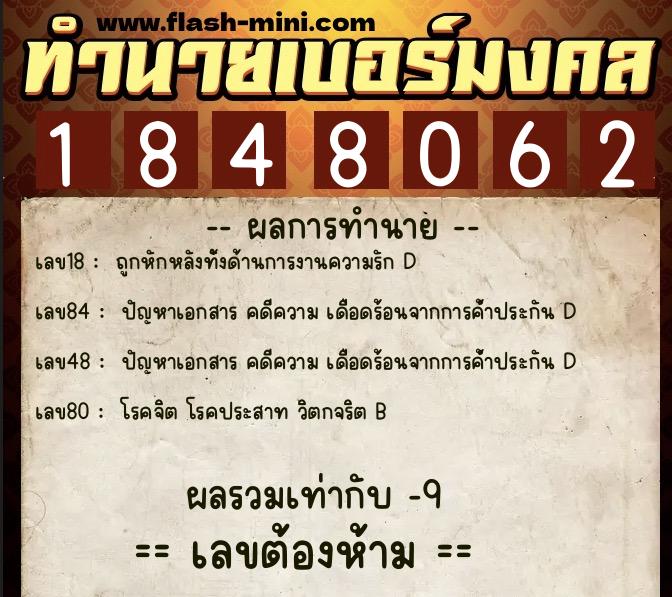 ทำนายเบอร์มงคล 0XX-1848062  ทำนายเบอร์มงคล หมายเลข 095-184806 