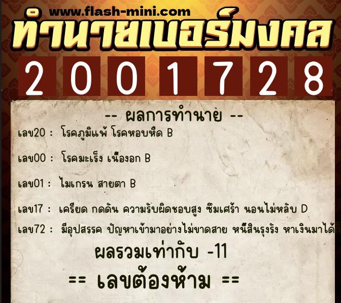 ทำนายเบอร์มงคล 0XX-2001728  ทำนายเบอร์มงคล หมายเลข 067-200172 