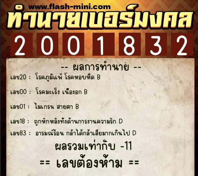ทำนายเบอร์มงคล 0XX-2001832  ทำนายเบอร์มงคล หมายเลข 087-200183 