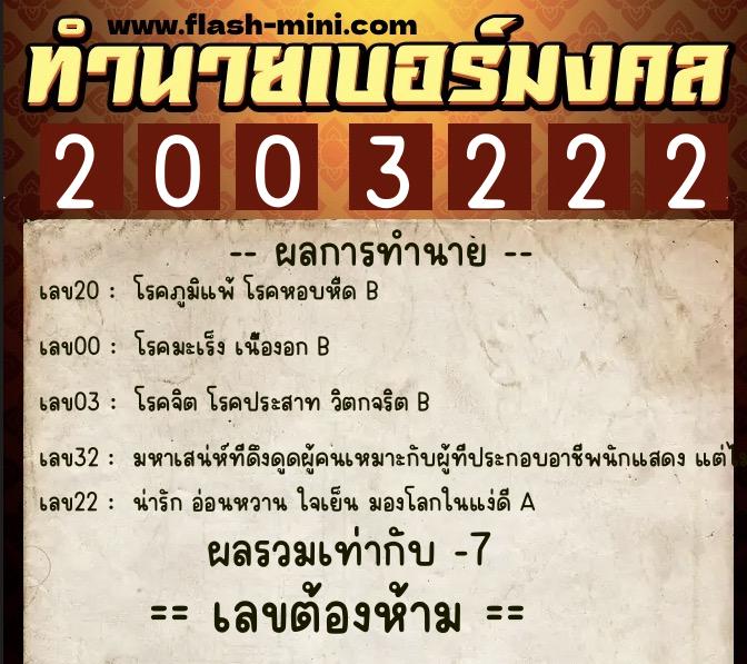 ทำนายเบอร์มงคล 0XX-2003222  ทำนายเบอร์มงคล หมายเลข 066-200322 
