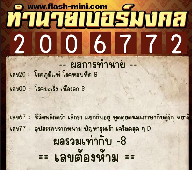 ทำนายเบอร์มงคล 0XX-2006772  ทำนายเบอร์มงคล หมายเลข 066-200677 