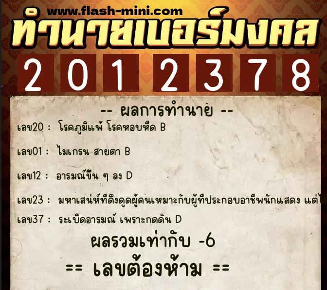 ทำนายเบอร์มงคล 0XX-2012378  ทำนายเบอร์มงคล หมายเลข 095-201237 