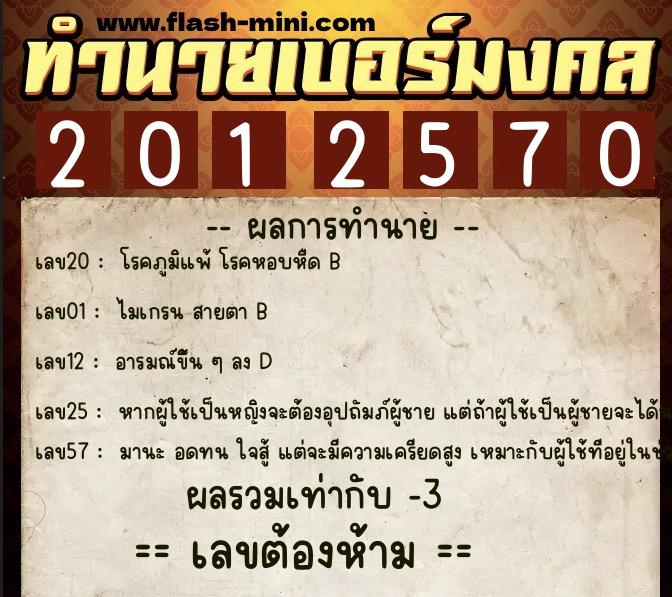 ทำนายเบอร์มงคล 0XX-2012570  ทำนายเบอร์มงคล หมายเลข 089-201257 