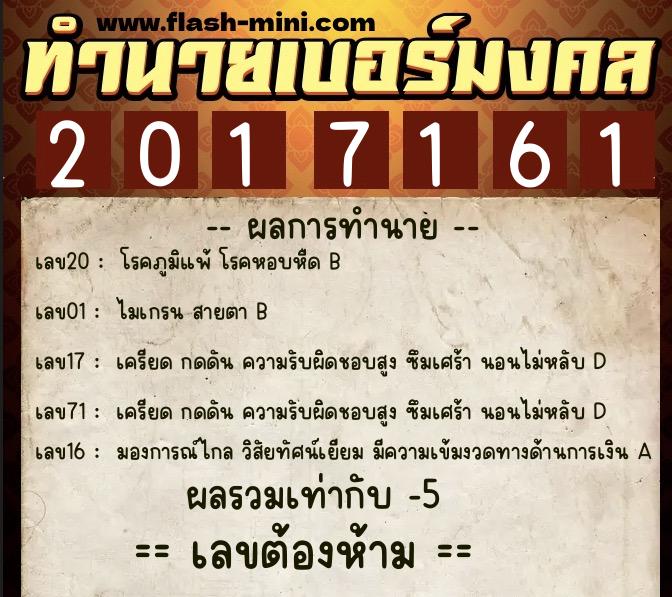 ทำนายเบอร์มงคล 0XX-2017161  ทำนายเบอร์มงคล หมายเลข 068-201716 