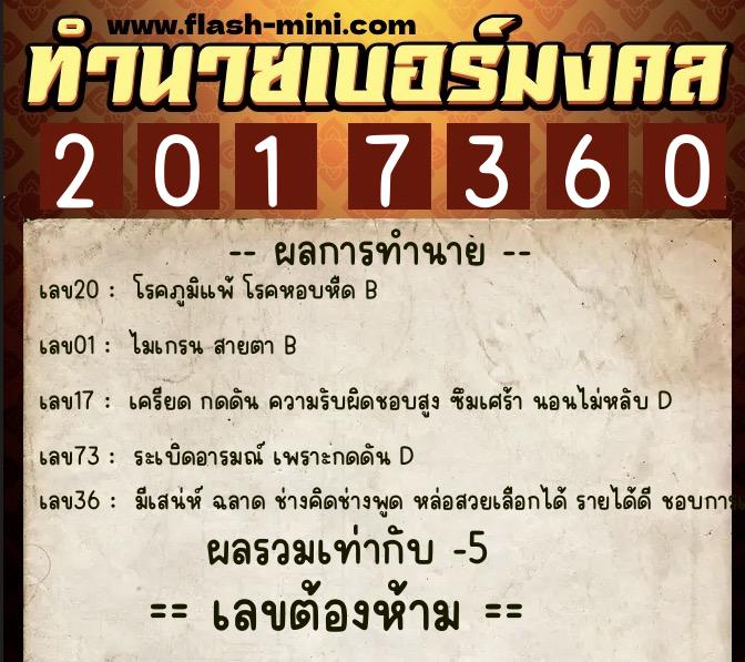 ทำนายเบอร์มงคล 0XX-2017360  ทำนายเบอร์มงคล หมายเลข 067-201736 