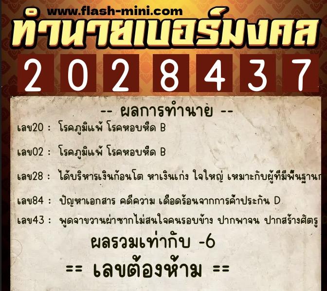 ทำนายเบอร์มงคล 0XX-2028437  ทำนายเบอร์มงคล หมายเลข 090-202843 