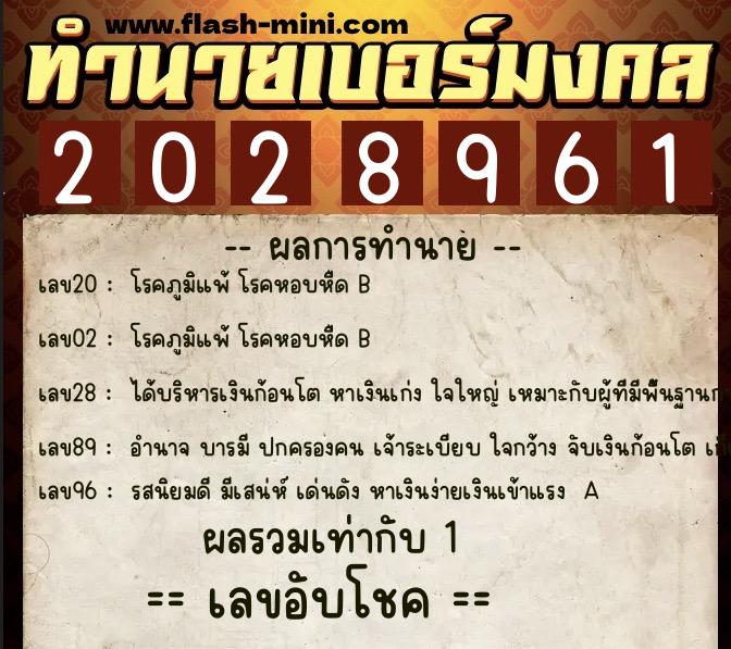 ทำนายเบอร์มงคล 0XX-2028961  ทำนายเบอร์มงคล หมายเลข 066-202896 