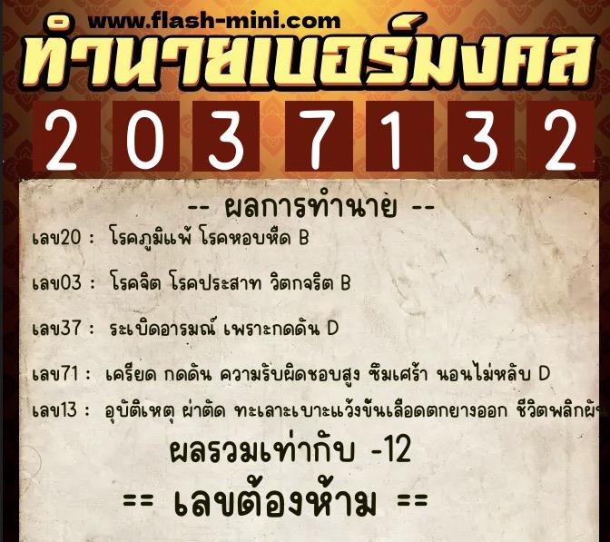 ทำนายเบอร์มงคล 0XX-2037132  ทำนายเบอร์มงคล หมายเลข 099-203713 