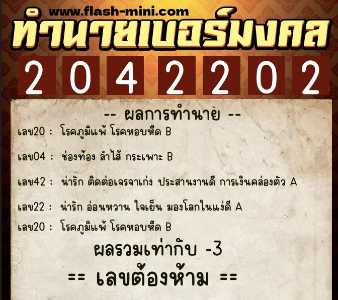ทำนายเบอร์มงคล 0XX-2042202  ทำนายเบอร์มงคล หมายเลข 088-204220 