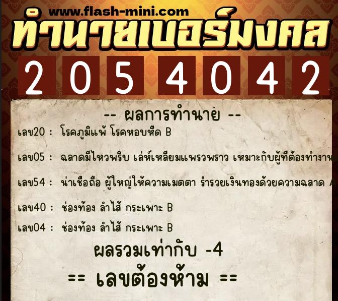 ทำนายเบอร์มงคล 0XX-2054042  ทำนายเบอร์มงคล หมายเลข 068-205404 