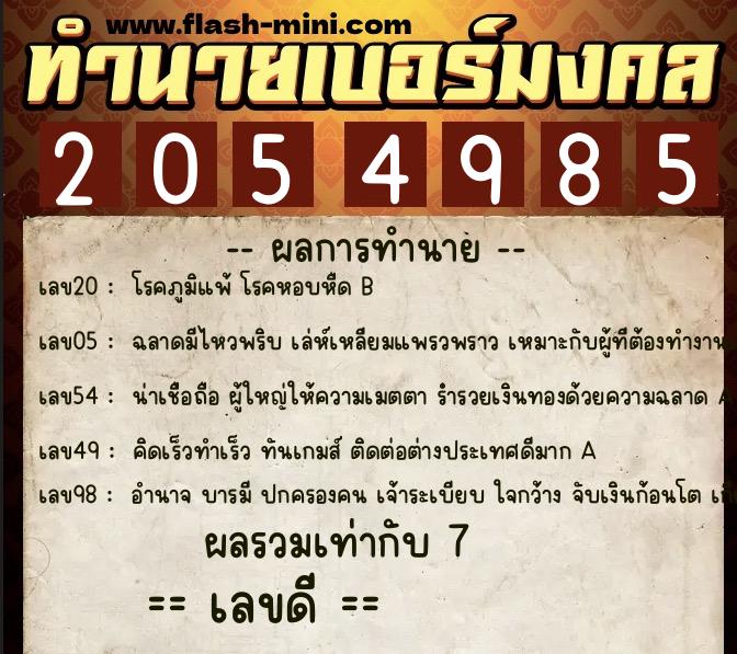 ทำนายเบอร์มงคล 0XX-2054985  ทำนายเบอร์มงคล หมายเลข 061-205498 