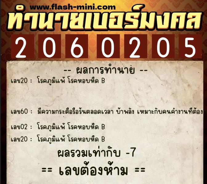 ทำนายเบอร์มงคล 0XX-2060205  ทำนายเบอร์มงคล หมายเลข 068-206020 
