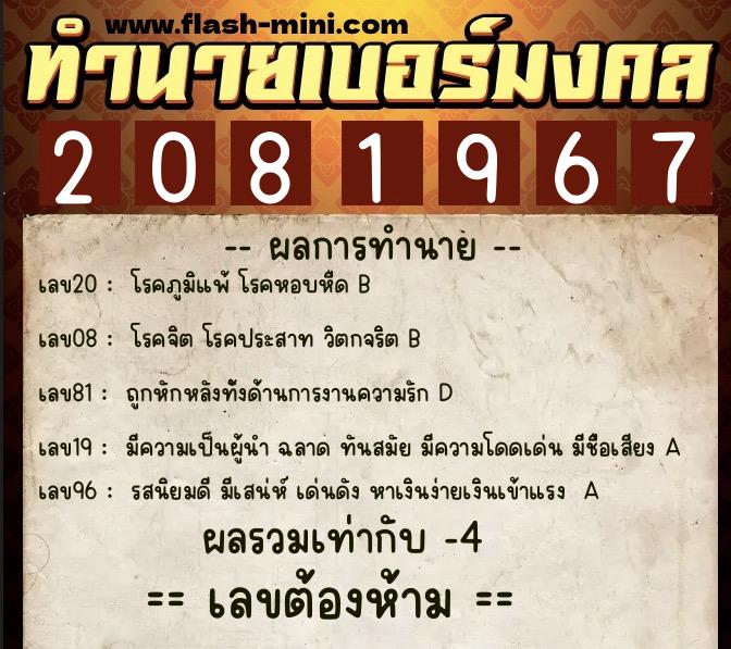 ทำนายเบอร์มงคล 0XX-2081967  ทำนายเบอร์มงคล หมายเลข 089-208196 
