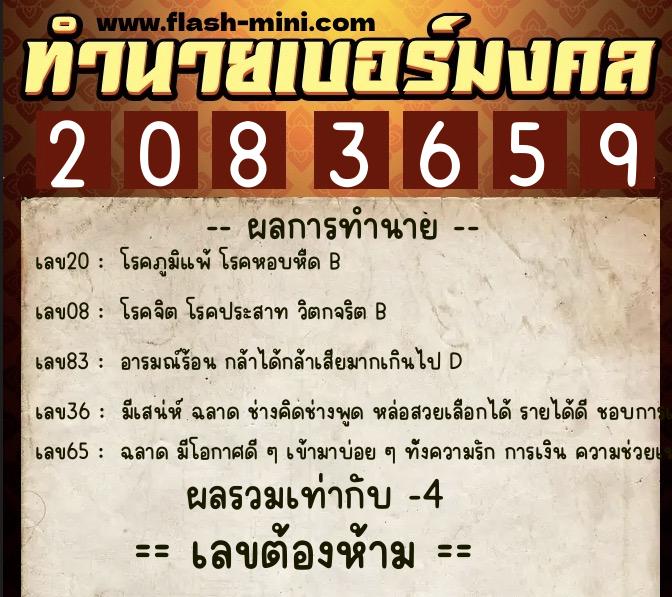 ทำนายเบอร์มงคล 0XX-2083659  ทำนายเบอร์มงคล หมายเลข 061-208365 