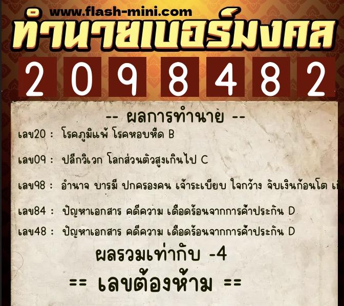 ทำนายเบอร์มงคล 0XX-2098482  ทำนายเบอร์มงคล หมายเลข 082-209848 
