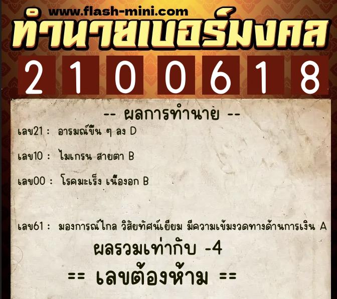 ทำนายเบอร์มงคล 0XX-2100618  ทำนายเบอร์มงคล หมายเลข 081-210061 