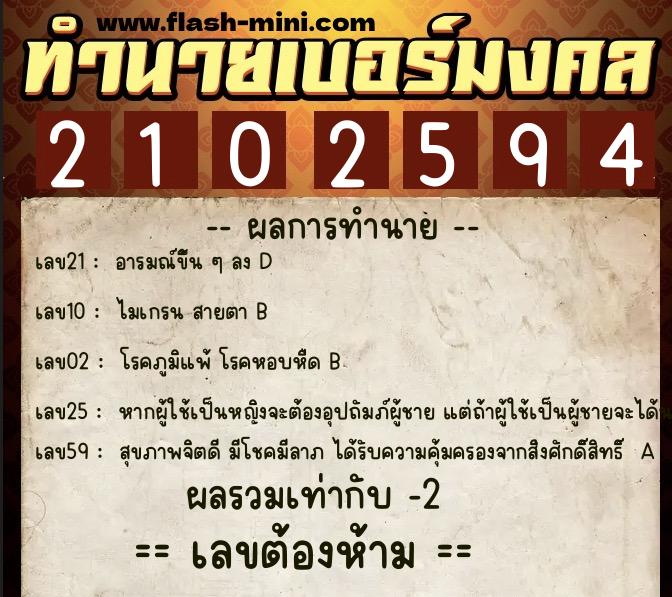 ทำนายเบอร์มงคล 0XX-2102594  ทำนายเบอร์มงคล หมายเลข 098-210259 