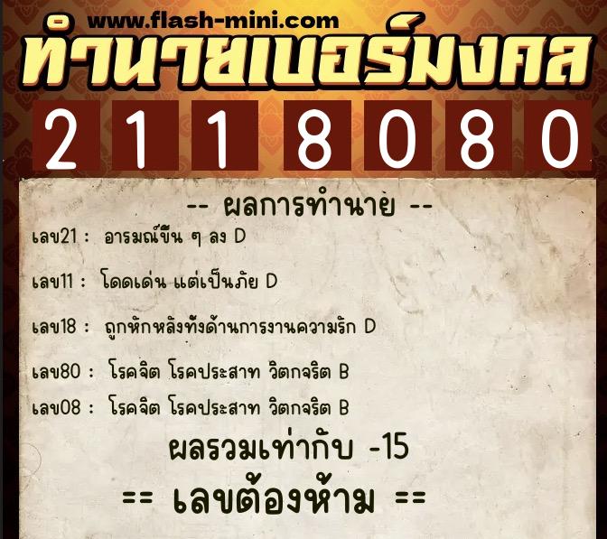 ทำนายเบอร์มงคล 0XX-2118080  ทำนายเบอร์มงคล หมายเลข 085-211808 