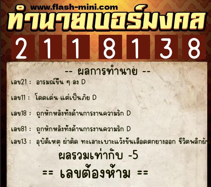 ทำนายเบอร์มงคล 0XX-2118138 ทำนายเบอร์มงคล หมายเลข 083-211813 ทำนายเบอร์มงคล 0XX-2118138 ทำนายเบอร์มงคล หมายเลข 083-211813