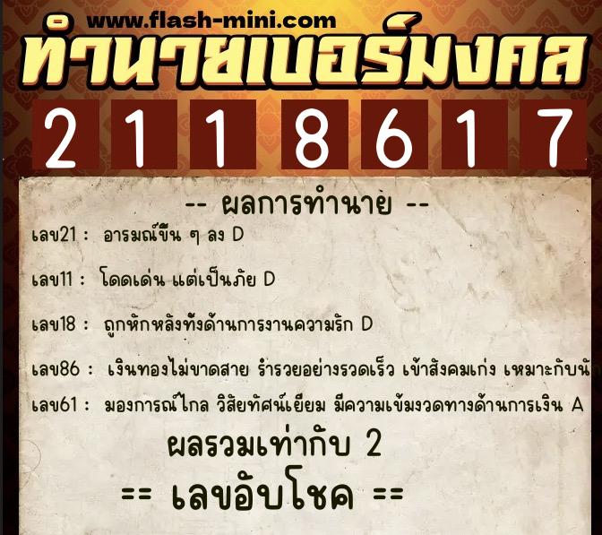 ทำนายเบอร์มงคล 0XX-2118617  ทำนายเบอร์มงคล หมายเลข 084-211861 