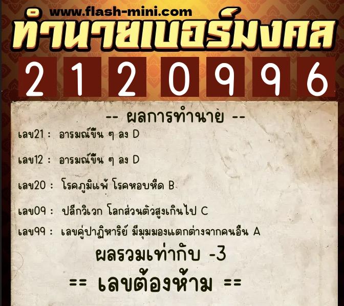 ทำนายเบอร์มงคล 0XX-2120996  ทำนายเบอร์มงคล หมายเลข 090-212099 