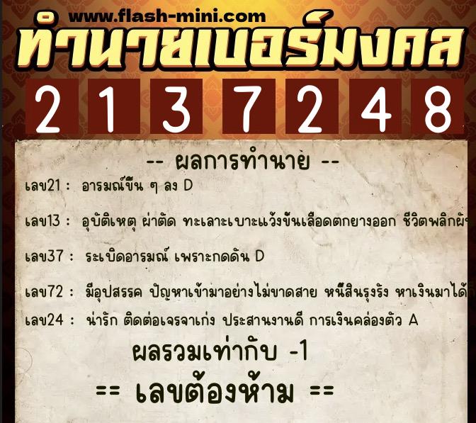 ทำนายเบอร์มงคล 0XX-2137248  ทำนายเบอร์มงคล หมายเลข 099-213724 
