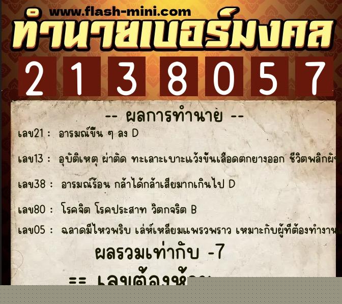 ทำนายเบอร์มงคล 0XX-2138057  ทำนายเบอร์มงคล หมายเลข 060-213805 
