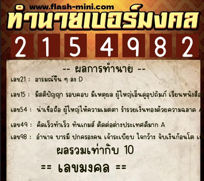ทำนายเบอร์มงคล 0XX-2154982  ทำนายเบอร์มงคล หมายเลข 088-215498 
