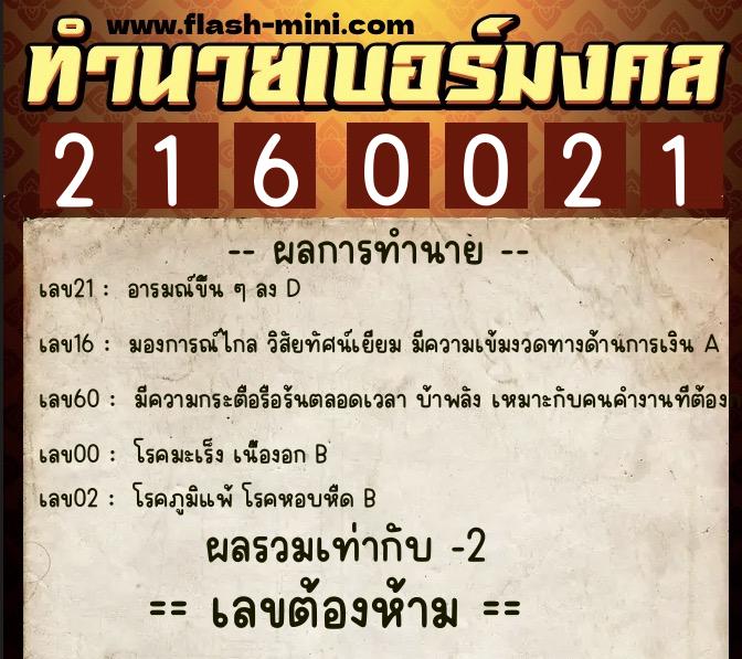 ทำนายเบอร์มงคล 0XX-2160021  ทำนายเบอร์มงคล หมายเลข 099-216002 