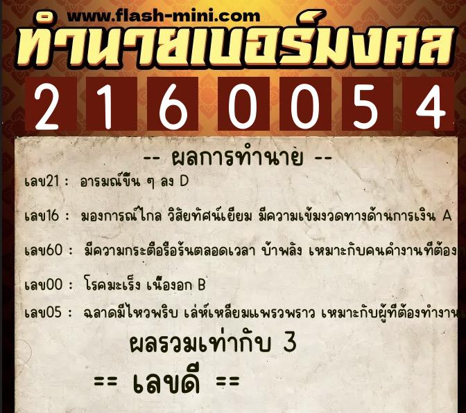 ทำนายเบอร์มงคล 0XX-2160054  ทำนายเบอร์มงคล หมายเลข 060-216005 