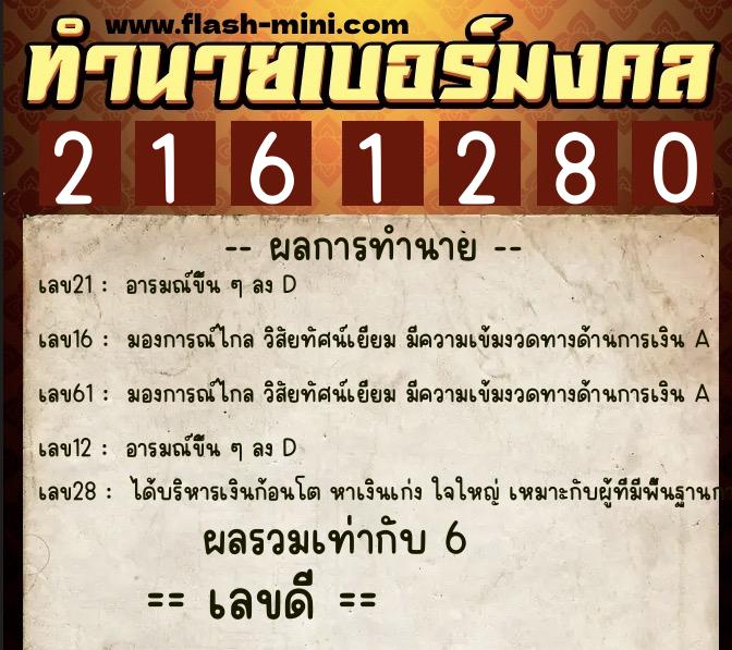 ทำนายเบอร์มงคล 0XX-2161280  ทำนายเบอร์มงคล หมายเลข 089-216128 
