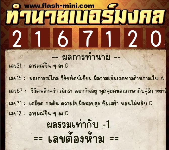 ทำนายเบอร์มงคล 0XX-2167120  ทำนายเบอร์มงคล หมายเลข 082-216712 