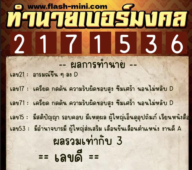 ทำนายเบอร์มงคล 0XX-2171536  ทำนายเบอร์มงคล หมายเลข 061-217153 