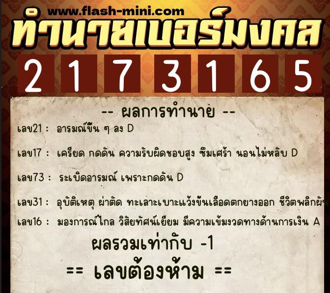 ทำนายเบอร์มงคล 0XX-2173165  ทำนายเบอร์มงคล หมายเลข 084-217316 