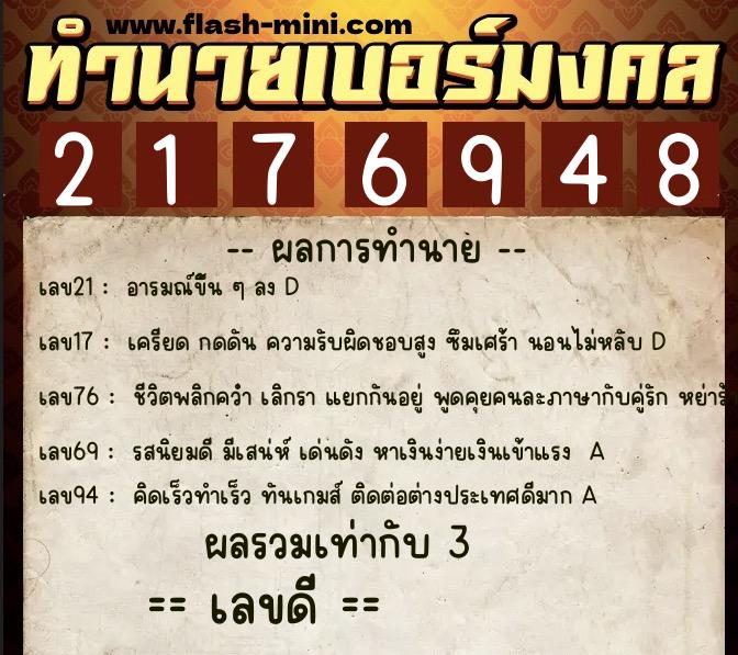 ทำนายเบอร์มงคล 0XX-2176948  ทำนายเบอร์มงคล หมายเลข 091-217694 