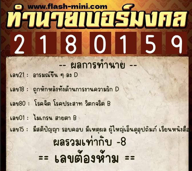 ทำนายเบอร์มงคล 0XX-2180159  ทำนายเบอร์มงคล หมายเลข 083-218015 