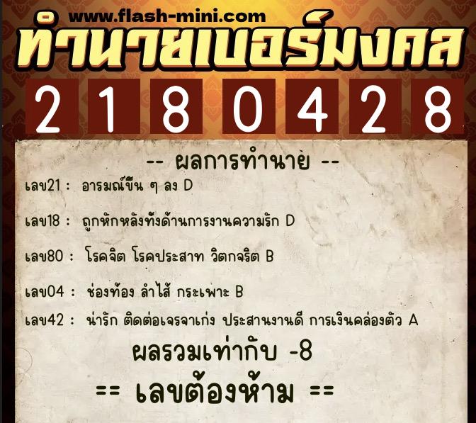 ทำนายเบอร์มงคล 0XX-2180428  ทำนายเบอร์มงคล หมายเลข 066-218042 