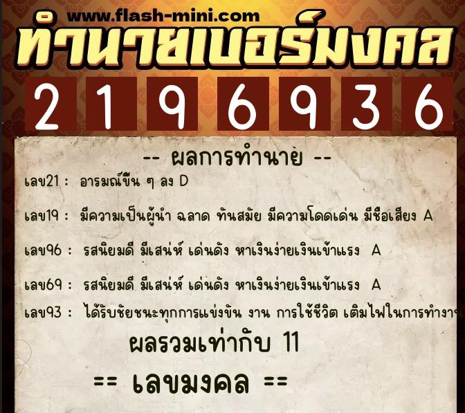 ทำนายเบอร์มงคล 0XX-2196936  ทำนายเบอร์มงคล หมายเลข 080-219693 