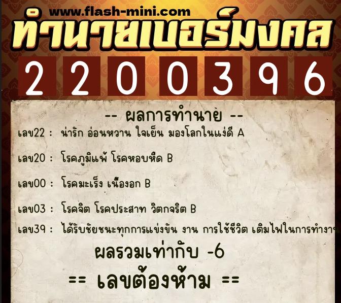 ทำนายเบอร์มงคล 0XX-2200396  ทำนายเบอร์มงคล หมายเลข 090-220039 