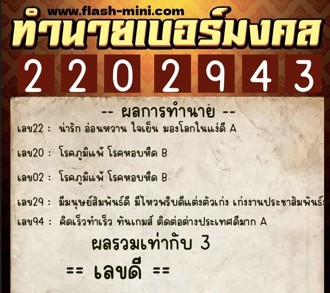 ทำนายเบอร์มงคล 0XX-2202943  ทำนายเบอร์มงคล หมายเลข 068-220294 