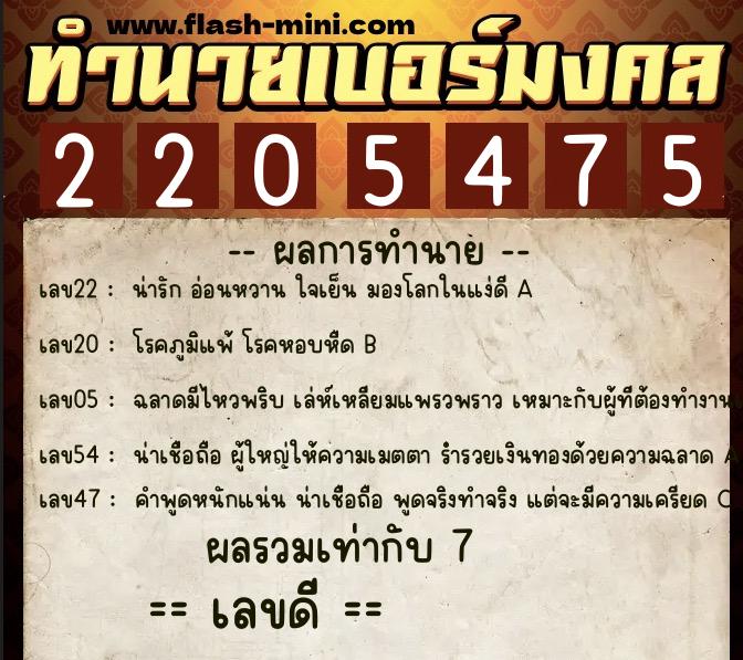 ทำนายเบอร์มงคล 0XX-2205475  ทำนายเบอร์มงคล หมายเลข 095-220547 